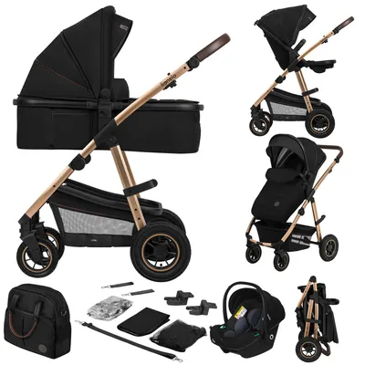 A collage of images showing a black and gold 3-in-1 stroller system with various attachments and configurations.