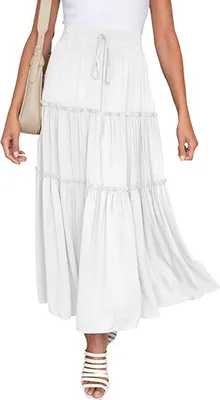 Produktbild von ASKSA Damen Elegant Maxirock Elastische Hohe Waist Rock A-Linie Ruffle Hem Kordelzug Swing Maxi Skirt, Weiß, M