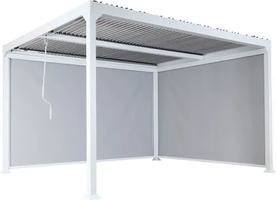 Zdjęcie produktu dla Aluminiowa pergola HWC-L41 z 2x ścianą boczną, pawilon z listew, solidna 8cm metalowa rama 3x3,7m ~ biały