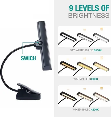 Produktbild von Notenlampe, wiederaufladbar, Leselampe fuer Notenblaetter, 3 Farbtemperaturen, dimmbar, 19 LEDs, Augenschutzlampe