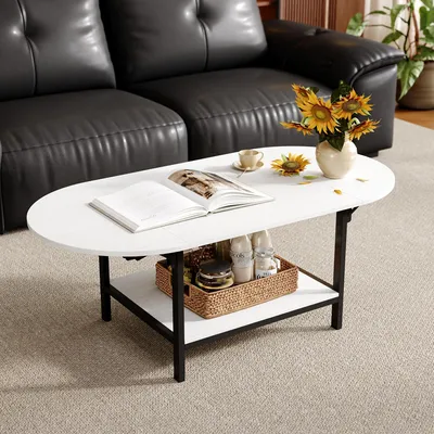 Produktbild von Klappbarer Couchtisch, Doppelstöckiger Beistelltisch, für Wohnzimmer und Balkone, Weiß + Schwarz, Metall + MDF, 120 × 45 × 60 cm