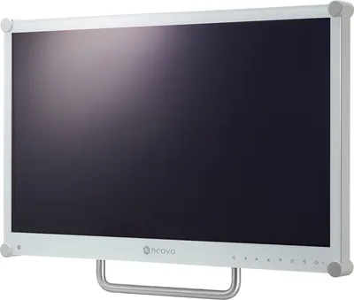 A white AG Neovo medical monitor with a gray stand is shown against a white background.