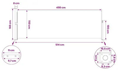 Productafbeelding van vidaXL Uitschuifbare zonnescherm met zijpanelen, 160x514 cm, grijs