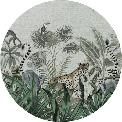 Produktbild von Sticker Kreis wilde Tiere Leopard LEMUR Tukan tropische Blätter Pflanzen Dschungel Natur Wandtattoo Aufkleber 100 cm x 100 cm