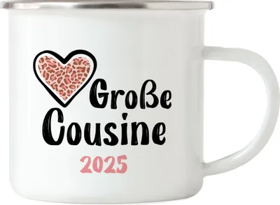 Produktbild von Große Cousine 2025 Emaille Tasse Love Beschützerin Liebe Familie Spaß Freude Cousinen Geborgenheit Family
