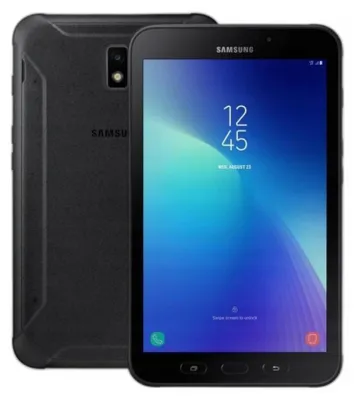 A black Samsung Galaxy Tab Active 2 LTE tablet is shown from the front and back.