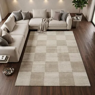 Produktbild von Kurzflor Teppich Beige mit sanftem Karomuster und weicher Wolloptik Größe - 160 x 230 cm