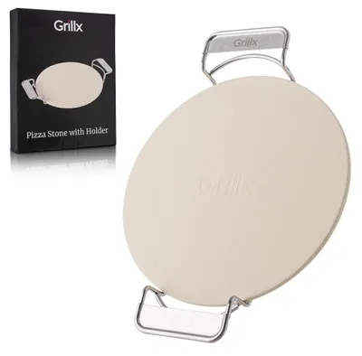 Produktbild von GrillX Pizzasteen mit Halter - 30,5 cm Durchmesser - Ofen und BBQ - Pizzastein - Kamado