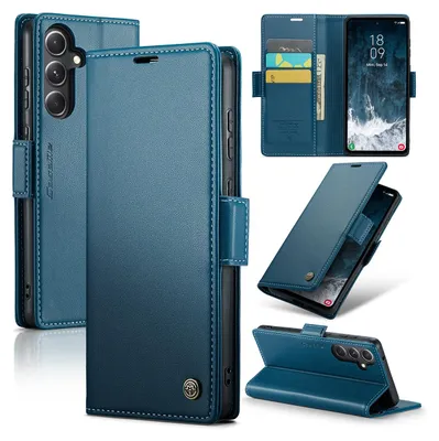 Collage of a blue leather phone case for a Samsung Galaxy S23 FE, showing different angles and features.