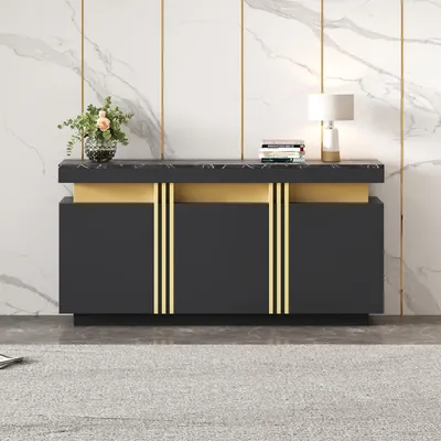 Produktbild von Merax Sideboard Schwarz mit Marmoroptik, 140x38x70cm, 3 Türen, Esszimmerschrank mit verstellbaren Fächern, Wohnzimmer Schrank, Platin-Akzente