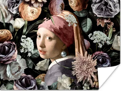 Produktbild von MuchoWow® Poster Mädchen mit Perlenohrring - Blumen - Vermeer - Pastell - Kunstwerk - Gemälde - Alte Meister 40x30 cm - Plakate für die Wände - Poster Wohnzimmer