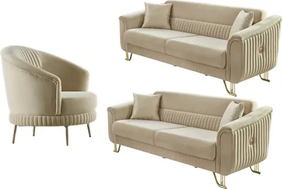 Produktbild von Villa Möbel Sofa Set Vega Creme Stellvariante:3+2+1 Relax- und Bettfunktion, pflegeleichter Mikrofaser Samtstoff