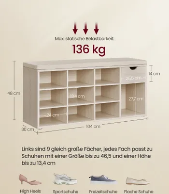 Produktbild von VASAGLE Schuhbank, 1 Schublade und 10 offene Fächern, Naturbeige-Cappuccinobeige