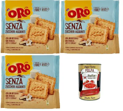 Produktbild von Oro Saiwa senza Zuccheri Aggiunti, Kekse ohne Zuckerzusatz, Vollkebekekuiten mit Vanille, Milch und Getreide, Faserquelle mit Vollkornmehl, 3x 300g, biscuits cookies + Italian Gourmet polpa 400g
