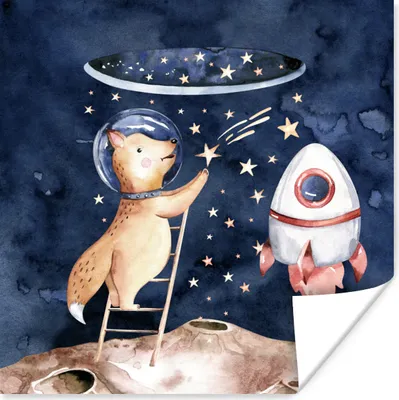 Produktbild von MuchoWow® Poster Rakete - Weltraum - Fuchs - Jungen - Mädchen - Kinder 50x50 cm - Wohnzimmerdekoration