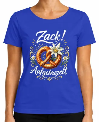 Imagen del producto de Camiseta de mujer, azul, talla S. Diseño con motivos alpinos: pretzel, edelweiss, traje tradicional, pantalones de cuero