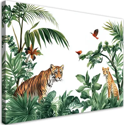 Obrázok produktu pre Obraz do detskej izby Palmy Tiger Zvieratá Afrika 100x70 Feeby Zelená obraz na stenu pripravené na zavesenie