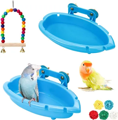 Produktbild von 2er-Pack Vogelbadewanne für Käfig, Wellensittich, Badewanne, Vogeldusche, Vogelkäfig-Badezubehör mit Wellensittichschaukel und Rattanbällen für Wellensittiche, Nymphensittiche, Sittiche, Finken