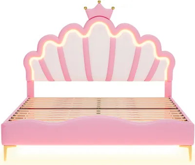 Produktbild von Polsterbett 140x200cm Flachbett (Ohne Matratze) Rosa PolyurethanDoppelbett Prinzessinnenbett kronenförmiges Mit verstellbarer LED-Umgebungslichtstreifen