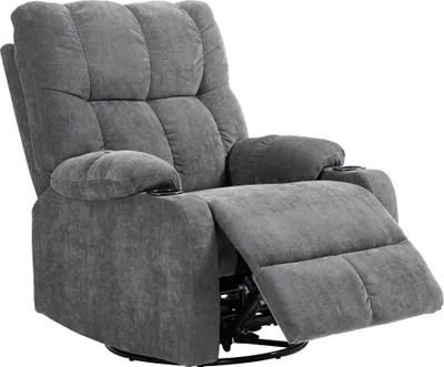 A dark gray recliner chair with its footrest extended, shown from a side angle against a white background.