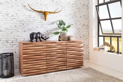 Produktbild von WOHNLING Sideboard 160 x 75 x 43 cm Massiv-Holz Akazie Natur Baumkante Anrichte Landhaus-Stil Kommode mit Schubladen & Türen Flur Schrank Standschrank