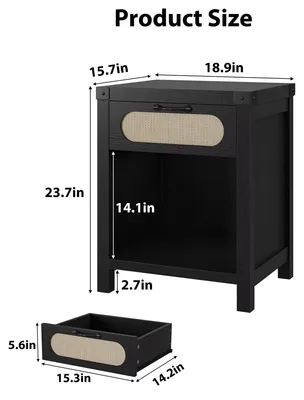 Immagine prodotto di Tavolino da notte - Comodino in rattan - Con cassetto e vano aperto - Stile marocchino moderno - Nero