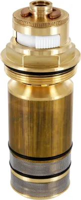 A close-up studio shot of a brass plumbing cartridge.