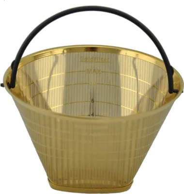 A gold coffee filter with a black handle against a white background.