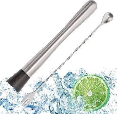 Obrázok produktu pre Sada Ibzoa® pozostávajúca z 2 nerezových kokteilových lyžičiek s drvičkou ľadu a paličkou – barové lyžice vhodné na prípravu mojito a iných koktailov