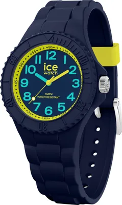A close-up studio shot of a dark blue Ice Watch with a yellow bezel and teal accents on the face.