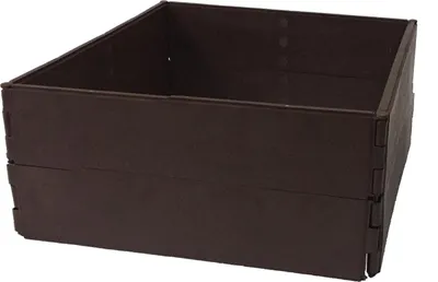 A brown, modular raised garden bed.