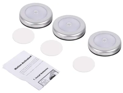 Zdjęcie produktu dla 3 sztuki bezprzewodowego czujnika ruchu PIR z automatycznym czujnikiem ruchu, lampka nocna 6 LED, okrągła, zasilana bateryjnie