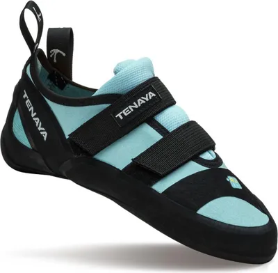 Kletterschuh Ra von Tenaya in Schwarz und Türkis mit zwei Klettverschlüssen.