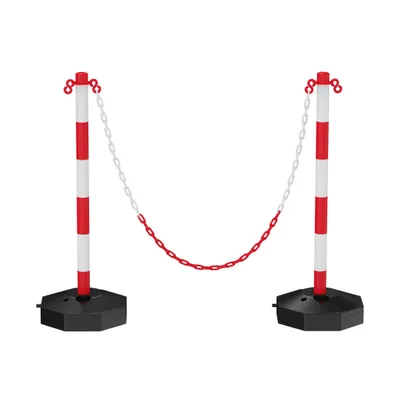 Produktbild von ROSEJANE 2er Set Absperrpfosten mit 2 Absperrketten, Kunststoff Kettenständer mit Standfuß, 82 x 28 x 28 cm, Kette je 1,4 m, Rot-Weiß, für Innen- & Außenbereich