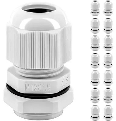 Immagine prodotto di Set di raccordi per cavi M12, grado di protezione IP68, impermeabili, confezione da 15 pezzi, realizzati in plastica nylon, adatti per uso esterno, giardini, quadri elettrici e scatole di derivazione