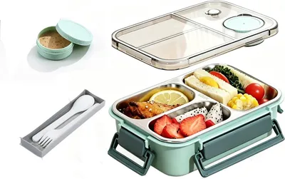 Produktbild von Brotdose mit 3 Fächern, auslaufsichere Lunchbox Erwachsene, Bento Box mit Soßenbehälter und Besteck, 22x16x7 cm
