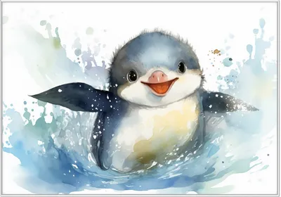 Produktbild von Wallario Wandbild Pinguin in Aquarell, Größe: 70,30 x 100,30 cm, Poster mit weißem Kunststoffrahmen