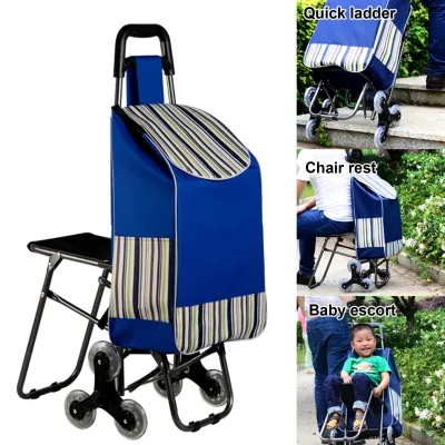 Produktbild von Einkaufswagen mit Sitz, zwei Dreiradrädern, ergonomischer Griff, Treppensteigerwagen, Rollwagen, Einkaufswagen, robuste Einkaufs-Sackkarre