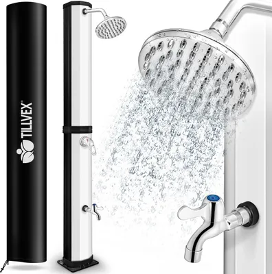 Produktbild von tillvex Solární sprcha 35L černá/stříbrná včetně ochranného krytu Zahradní sprcha Bazénová sprcha Kempinkový bazén Solární venkovní sprcha Dešťová sprcha