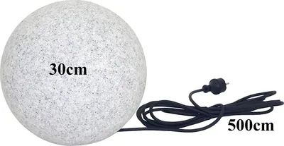 A spherical garden ornament with a speckled gray finish and a black power cord with a plug.
