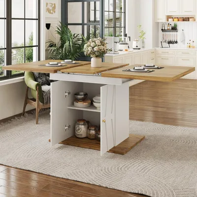 Image de Table extensible avec espace de rangement et motif en relief, dimensions 110-140 x 70 x 76,5 cm, couleur blanche/aspect bois