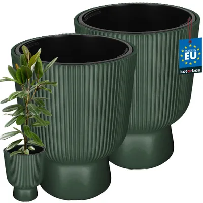 Produktbild von KOTARBAU® 2er Set Blumentopf ⌀ 39cm Orchideentopf Übertopf mit Innentopf Pflanzentopf mit Sockel Geriffelt Kelchform Pflanzkübel aus Kunststoff Grün