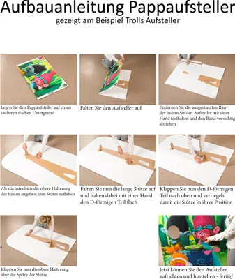 Collage of images showing the step-by-step assembly of a cardboard standee.