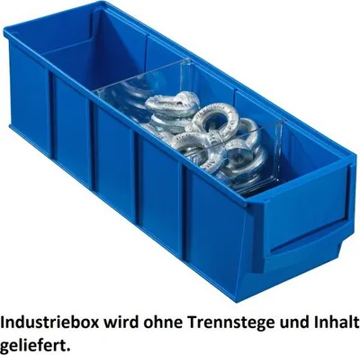 A blue plastic storage bin with clear dividers and metal rings inside.