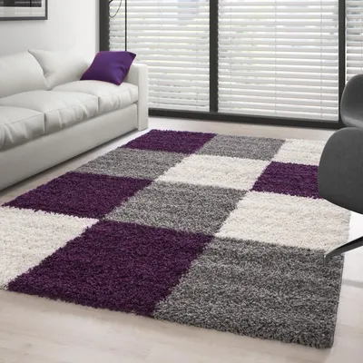 Produktbild von Hochflorteppich mit lila-grau-weißem Karomuster – Wohn- und Schlafzimmer – Florhöhe 30 mm 160 x 230 cm