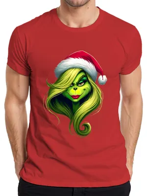 Zdjęcie produktu dla Grinch Prezent Świąteczny Zielona Kobieta Czapka Mikołaja Włosy Śmieszna Koszulka Męska, Czerwony, XL