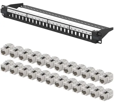 Produktbild von hb-digital Patchpanel 19 zoll 24-Port mit CAT 7 RJ45 Keystone Module schwarz 1HE