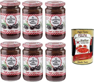 Produktbild von Le Conserve Della Nonna - Patè di Olive Nere Schwarze Olivenpastete - 6 Gläser à 190 g+ Italian Gourmet polpa 400g