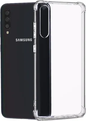 A transparent phone case is shown next to a black Samsung phone.