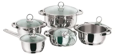 A set of five stainless steel pots with glass lids, arranged on a white background.
